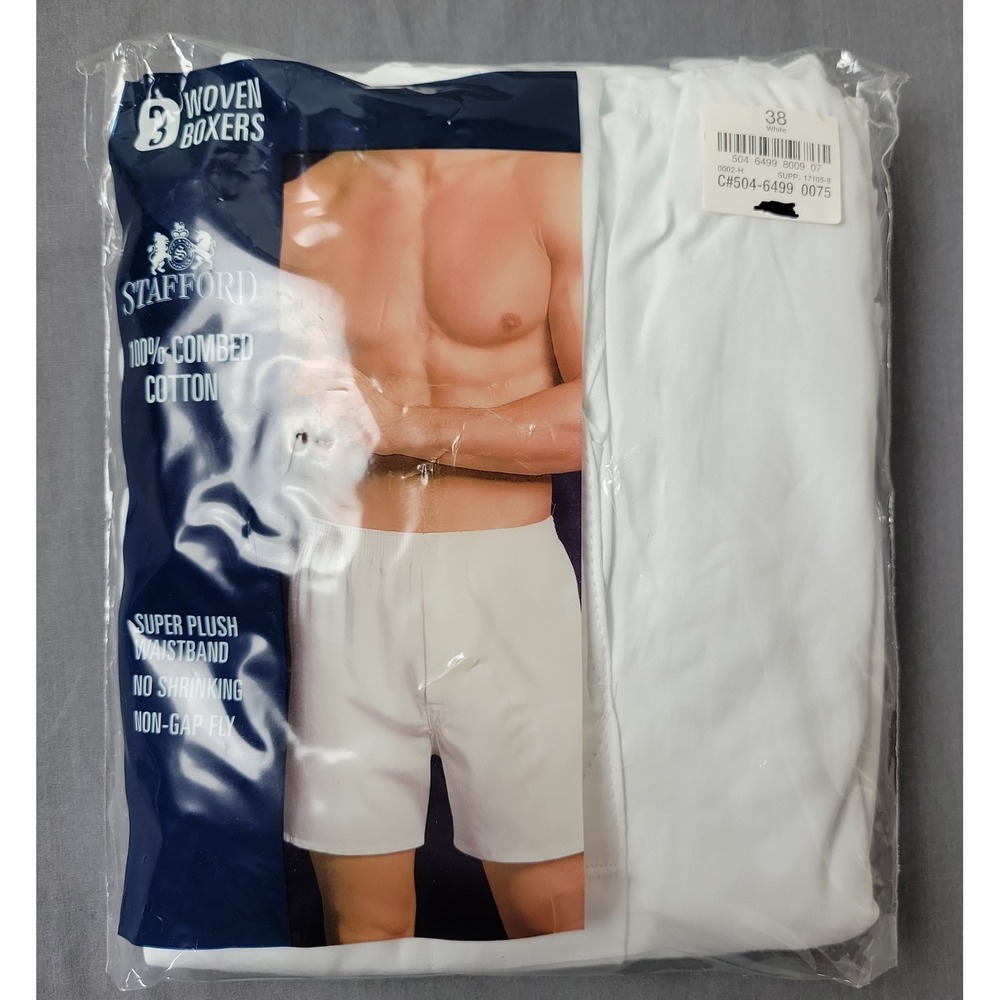 Stafford Mens 3 Pack Woven Boxers 100% Combed Cotton White Size 38 Non-Gap Fly